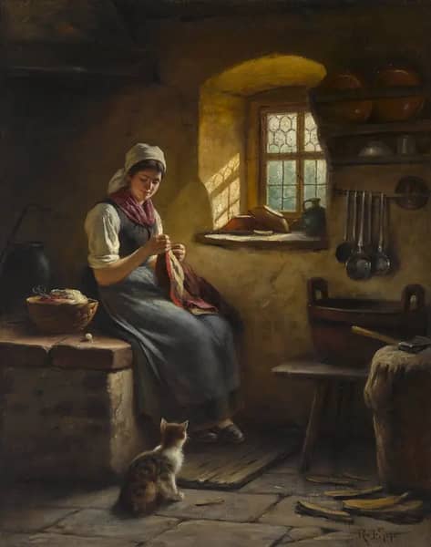 Farm Girl Sewing by Rudolf Epp | Oil Painting Reproduction