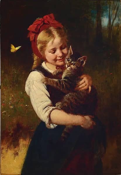 Girl with Cat and Butterfly by Rudolf Epp | Oil Painting Reproduction