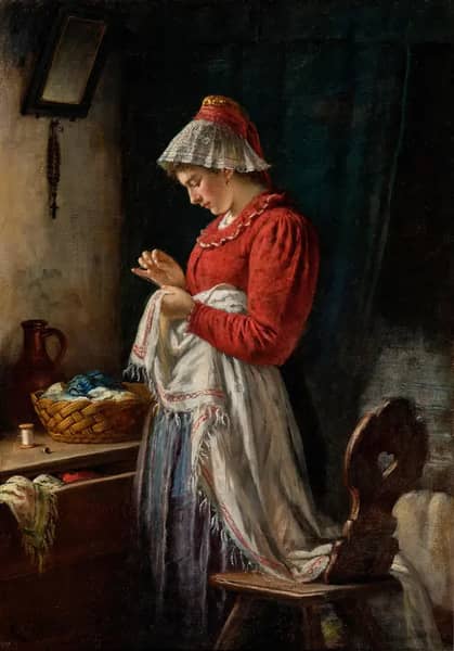 Mending the Shawl by Rudolf Epp | Oil Painting Reproduction