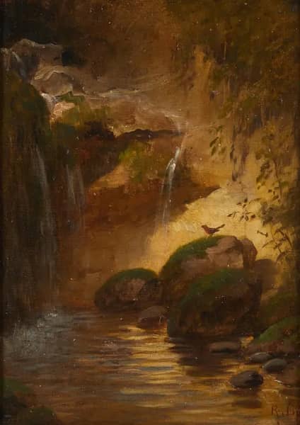 Rocky Corner by the Stream with Robins | Oil Painting Reproduction