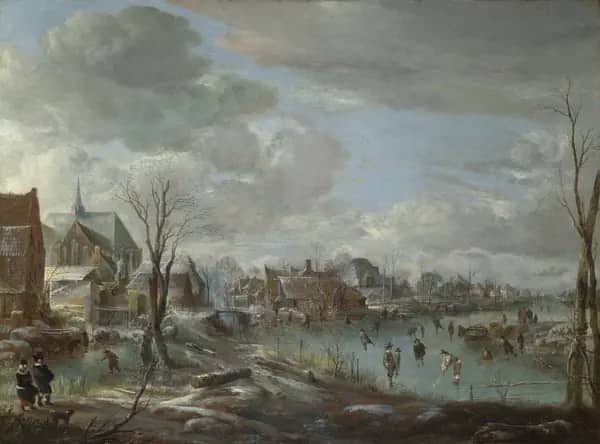 A Frozen River near a Village with Golfers and Skaters | Oil Painting Reproduction