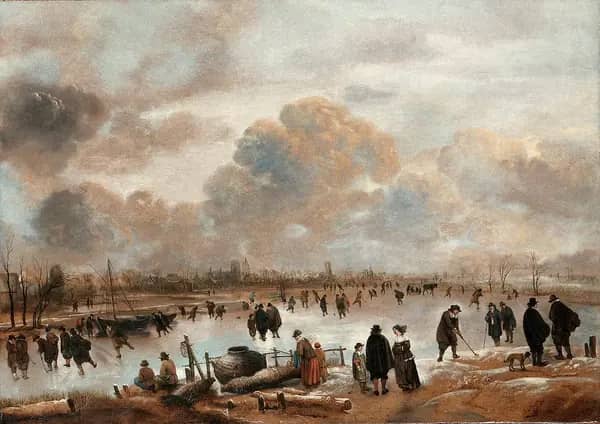 A Winter Landscape with Skaters and Townsfolk on a Frozen Waterway | Oil Painting Reproduction