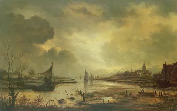 Dutch Town on a River by Moonlight | Oil Painting Reproduction
