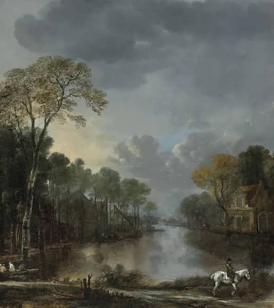 Scene at Dusk with a Horseman Pulling a Boat Along a Canal | Oil Painting Reproduction