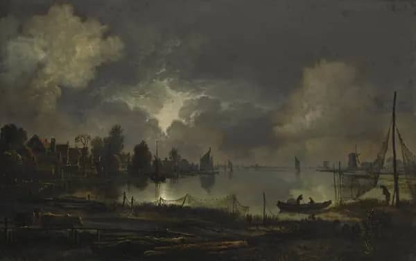 View of a Lakeside Town by Moonlight with Nettings Hanging out to Dry 1660 | Oil Painting Reproduction