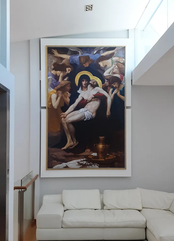 Oversized vertical Pietà oil painting reproduction, approximately 8 feet tall, installed on a double-height living room wall above white sectional sofa, demonstrating how large-scale art anchors tall spaces and creates a dramatic focal point